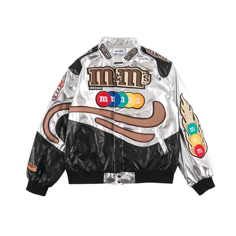 Fashion Spring Women Faux Leather Jacket Cartoon Embroidery Motorcycle jacket coat Ladies Streetwear PU Leather Jackets - Цвет: Silver