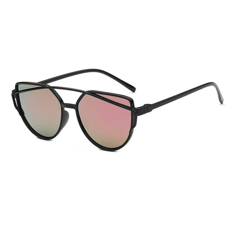 Модные брендовые женские солнцезащитные очки "кошачий глаз", двухлучевые солнцезащитные очки, женские ретро очки с зеркальным покрытием, Плоские линзы - Цвет линз: Pink