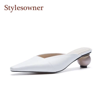 

Stylesowner Strange Heel Lady Autumn Slipper Shoe Outdoor Fashionable Closed Toe Leather Slides Black White Mules Sapatos