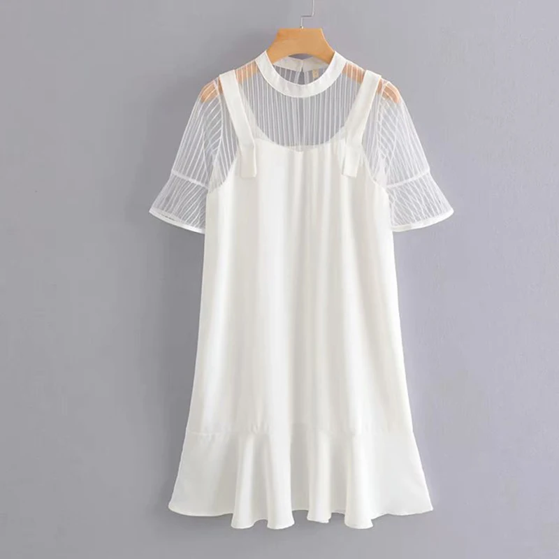 Women's Clothing Dress 2019 Fashion Style Mesh Stitching Round Neck Dress Ms Summer Street Sexy Slim Fit Trend Clothing