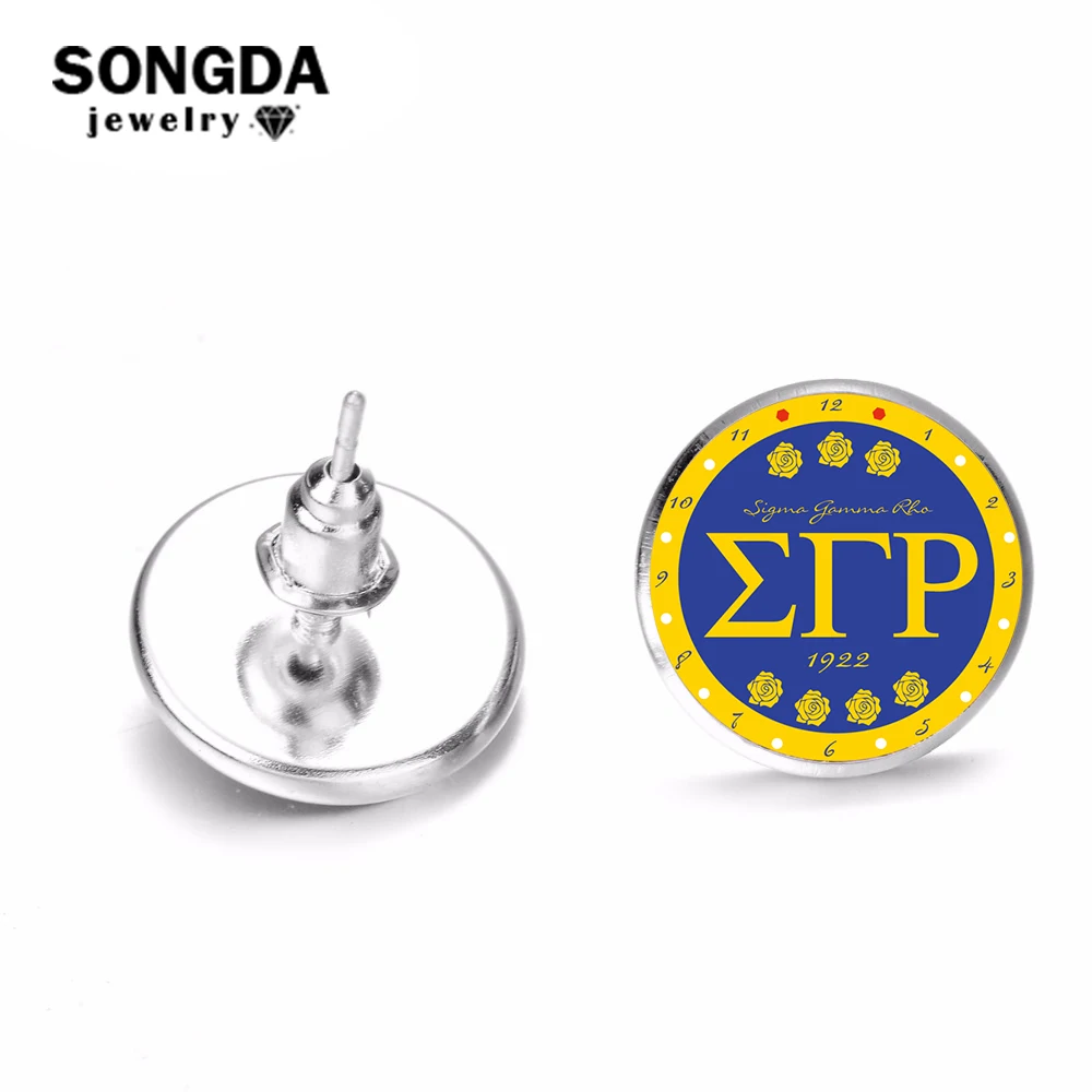 

SONGDA New Design Sigma Gamma Rho Sorority Sign Earrings Greek Letters SGR Blue Yellow Print Glass Dome Stud Earrings Pendientes