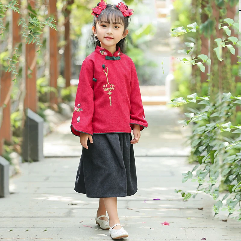 Hanfu/классическая одежда для сцены традиционное китайское платье для детей, китайский костюм, платье Чонсам с длинным рукавом, топы, юбки для девочек DNV11410
