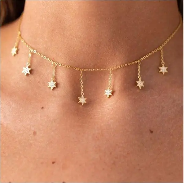 

Beautiful Designs Cubic Zirconia Crystal cz station chain dangle star cz drop Choker Necklaces Jewellery for Women wedding