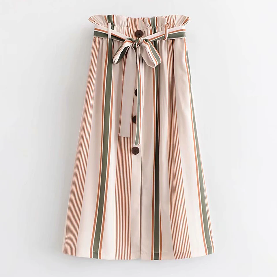 

Womens Casual Striped Skirts 2019 Summer Button Belt Bow Pockets Skirt Female Elastic waist Split Fashion Skirts Faldas Saias