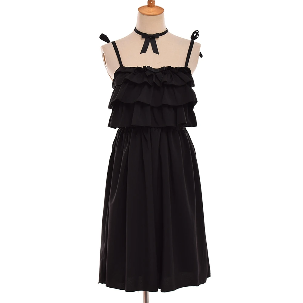 

Cute Black Dress Girls Summer Lolita Ruffles Suspender Sleeveless Dresses