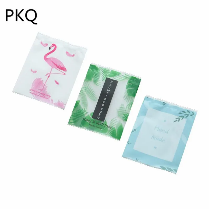 

100pcs Small Clear Plastic Bag Flamingo/Green Leaves/Handmade Pattern Cookie Candy Gift Packaging Bags Sealing Bag Party Favors
