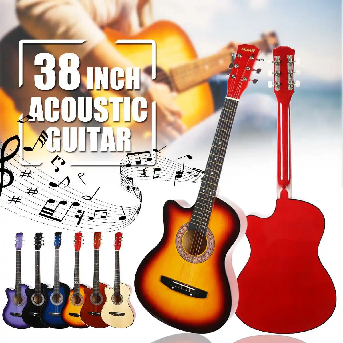 

38 Inch Wood Beginners Acoustic Guitar With Guitar Strap Pick Steel Strings Guitar Musical Instruments 6 colors
