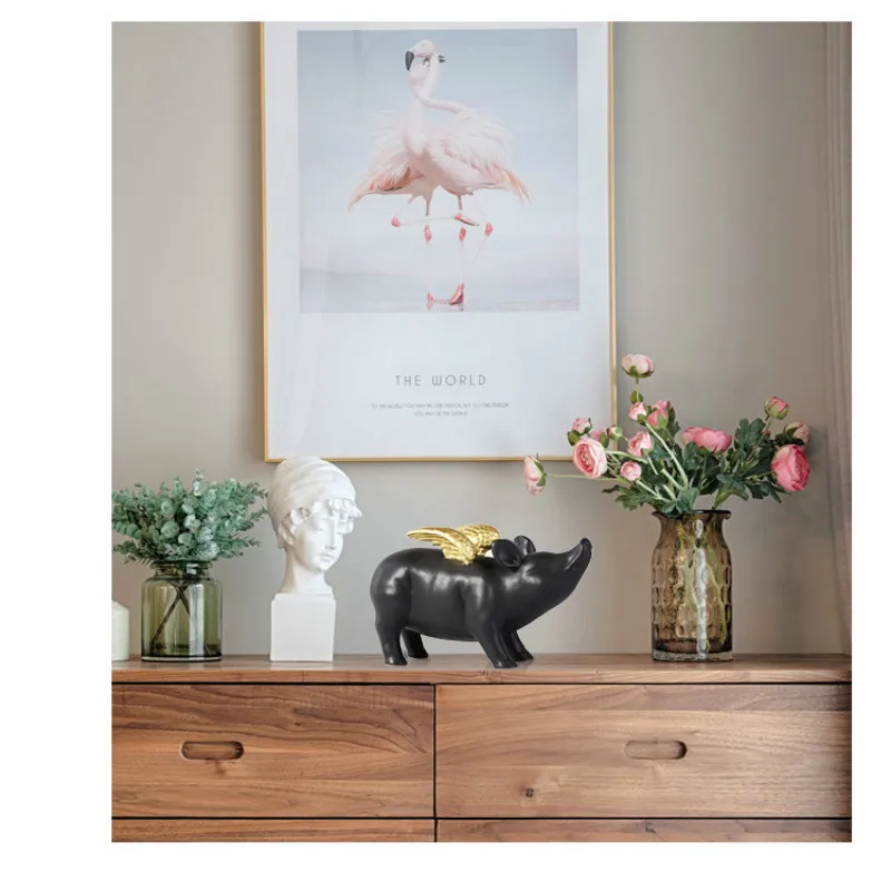 

2019 Golden Ceramic Fly Pig Home Decoration Accessories Desk Figurine Animal Ornament Modern Plated Decor for Gift