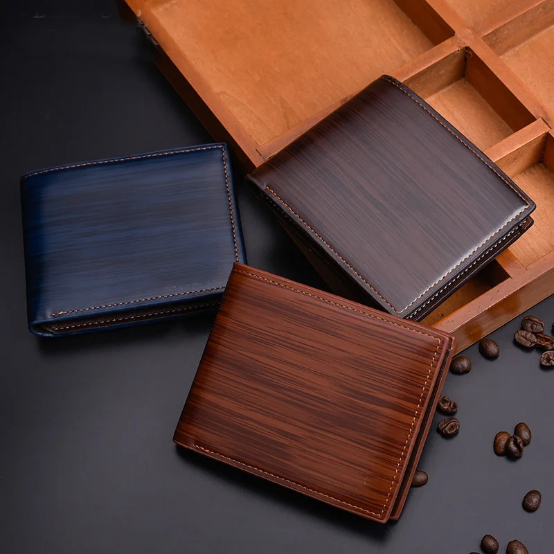 

Imitate The Wood Texture Retro Man leather Wallets Male Purse Card Holders Small Wallet New Designed Multi Pockets Purse