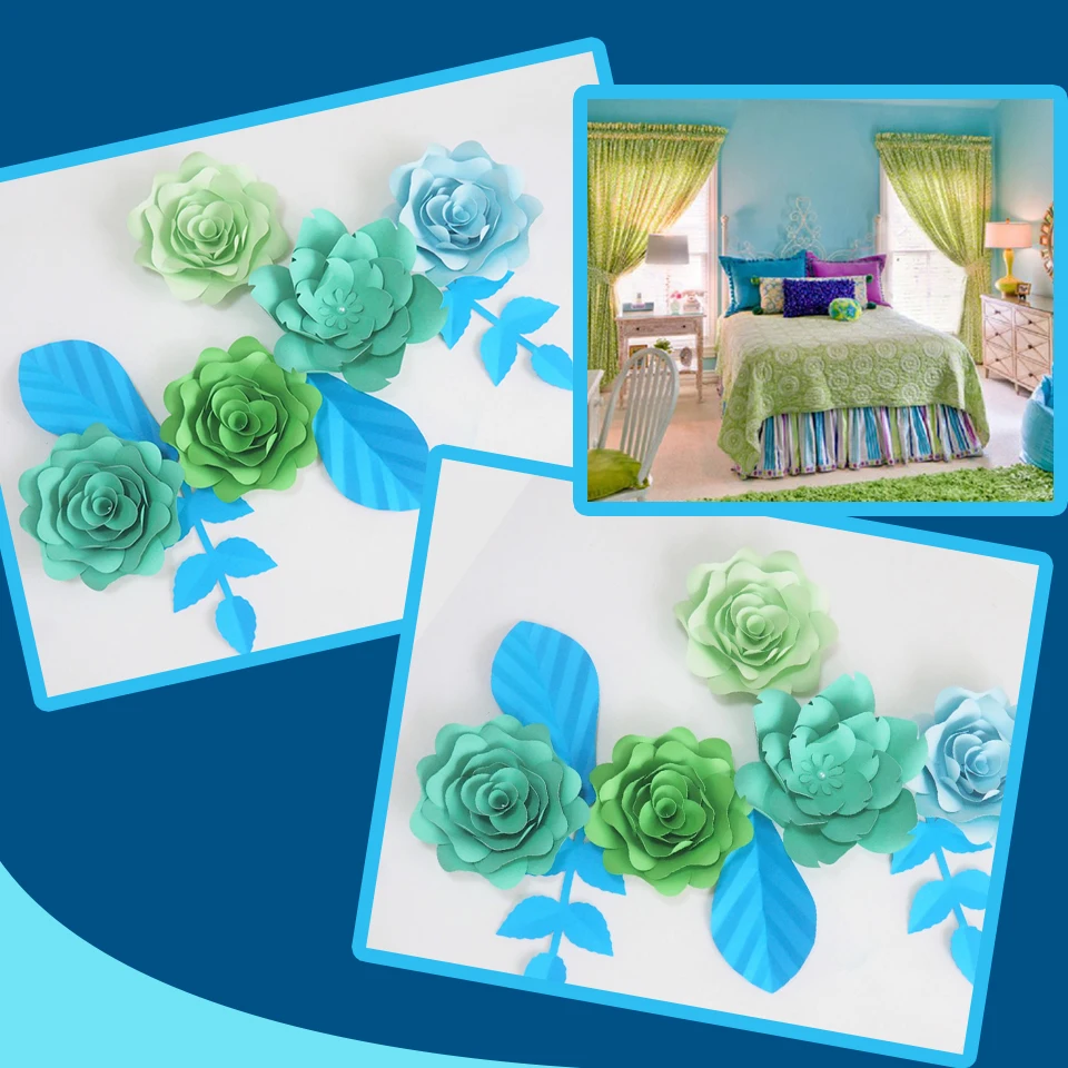 

DIY Giant Paper Flowers Fleurs Artificielles Backdrop Artificial Rose 5pcs+4 Leaves Bedroom Wall Decor Nursery Mix Blue Green