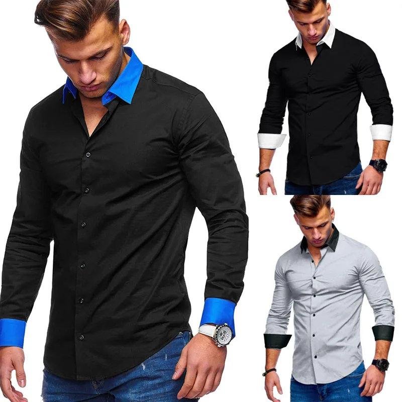 

Men Shirt Long Sleeve Social Shirt Contrast Collar Fashion Top Man Casual Brand Shirts IS12