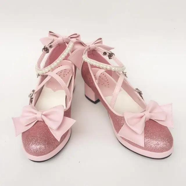 Womens-Shiny-Black-Silver-Sequin-Pumps-Bow-Strap-Cross-Pearl-Ankle-Strap-Princess-Lolita-Shoes-Custom-Tailor-Available- 25