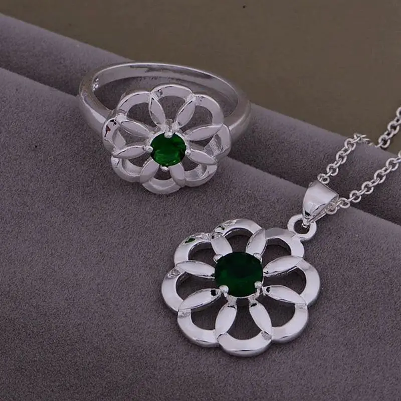 

Silver plated jewelry sets, silver jewelry set green zircon Beautiful Ring Necklace /IWNCAGWE