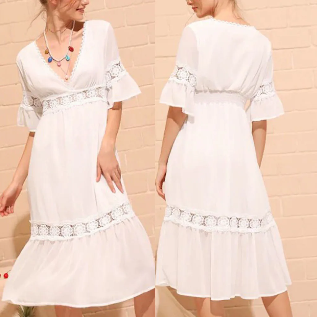 

Fashion Women Summer Solid V-Neck Short Sleeve Hollow Out Casual Dress