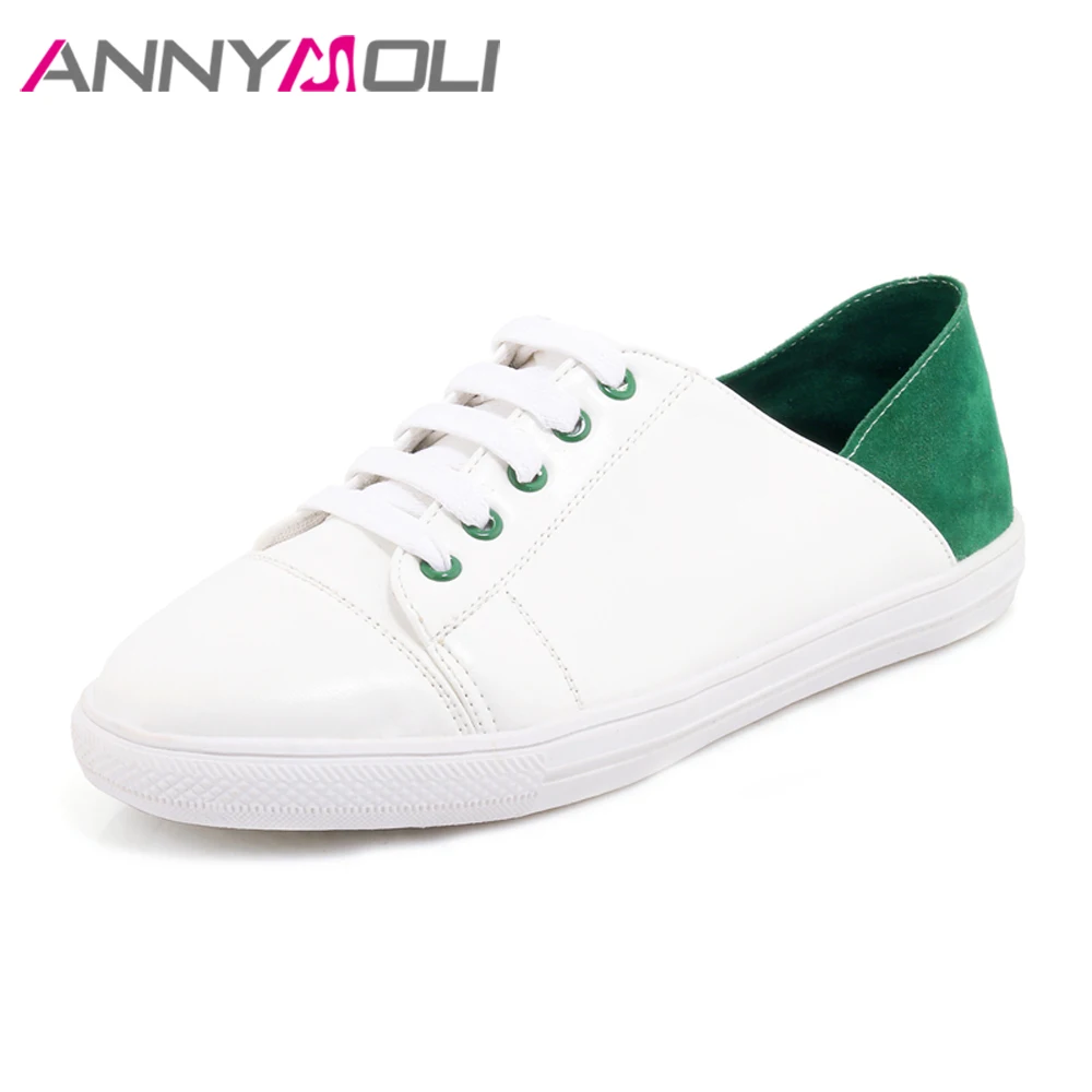 

ANNYMOLI Shoes Women Casual Flats Lace Up Round Toe Flats Autumn Shoes Big Size 45 46 Leisure Mix Color Footwear Women Green
