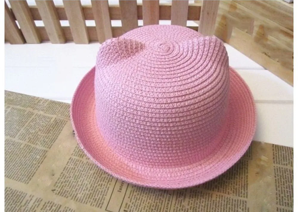 Соломенные шляпы, детские украшения для ушей, летняя детская Солнцезащитная шляпа для мальчиков и девочек - Цвет: Розовый