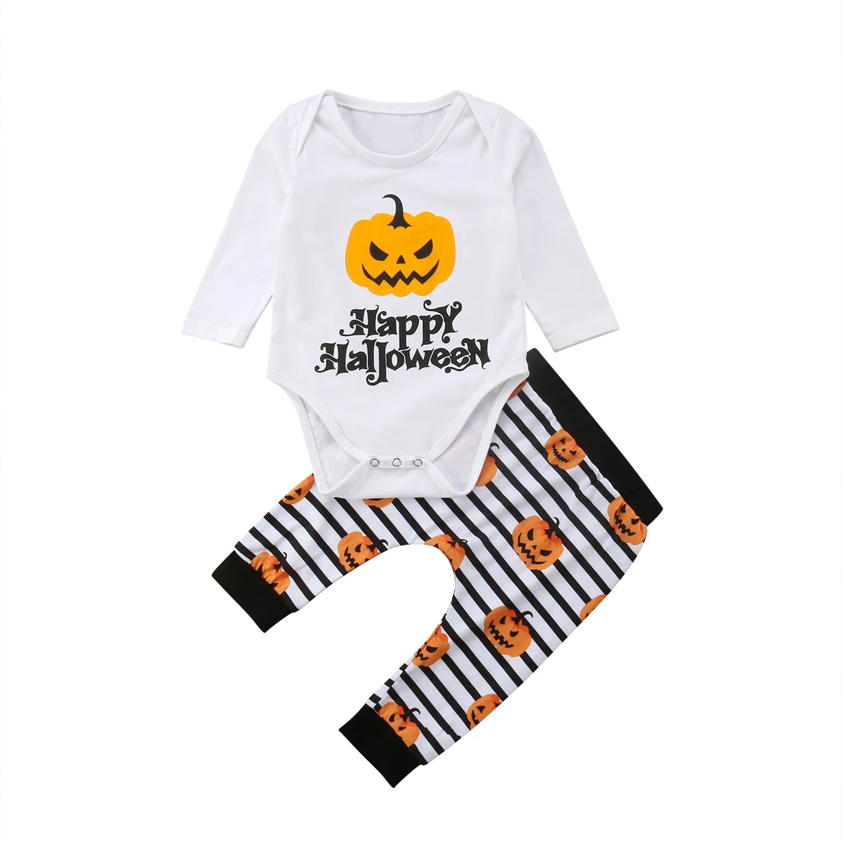 

Happy Halloween Newborn Baby Boy Girl Long Sleeve Cotton Romper Tops+Pumpkin Striped Pant Trouser 2PCS Outfits Party Clothes Set