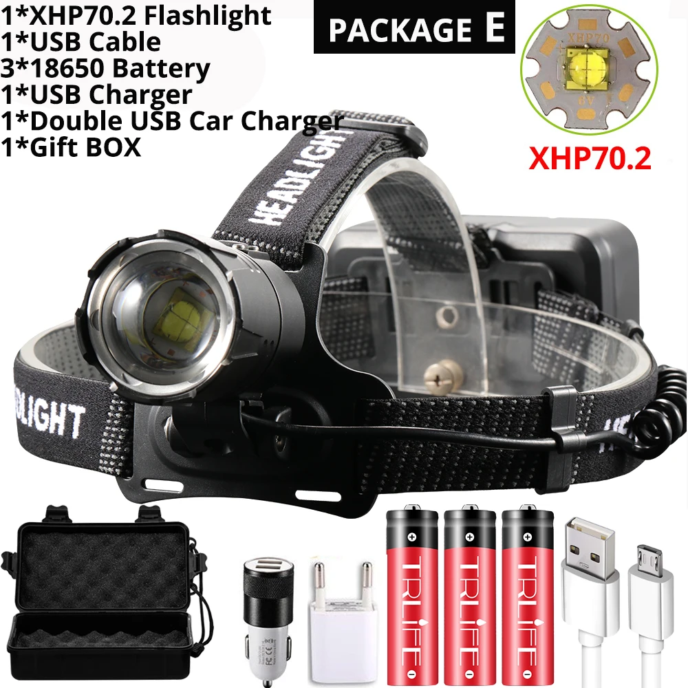 8000лм XHP70.2 USB Перезаряжаемый светодиодный налобный фонарь XHP70 самая мощная фара для рыбалки, кемпинга, фонарь с зумом, 3*18650 батареи - Испускаемый цвет: Package E
