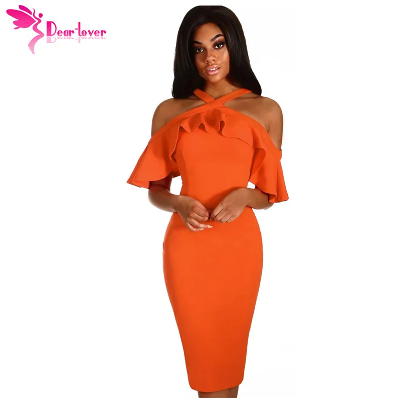 

Dear Lover Ruffles Summer Party Dresses Nude Jacinth Halter Frill Short Sleeve Cold Shoulder Midi Dress Vestidos Mujer LC610206