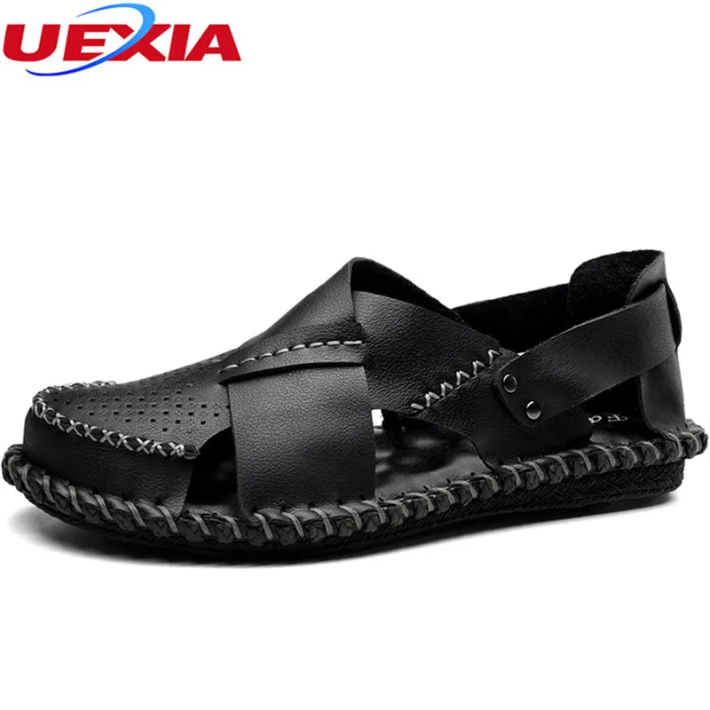 

UEXIA Men Sandals Leather Summer Walking Black Brown Outdoor Sandals Slip-on Shoes Men Shoes 2018 New Men's Beach Fashion Casual