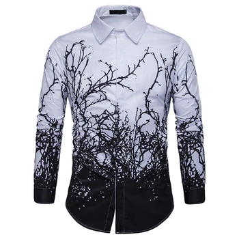 

2019 Luxury Printing Shirt Men Black White Long Sleeve Camisa Masculina Slim Fit Chemise Homme Social Shirt Male M-3XL