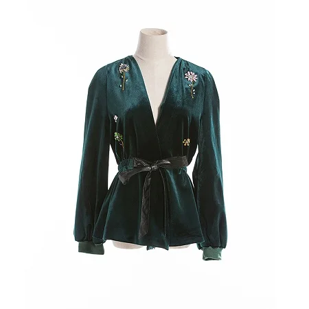 Винтажные вельветовые куртки, новинка, Осень-зима, модная Высококачественная Женская куртка с v-образным вырезом, с бисером, с поясом, с бриллиантами, черная/зеленая, открытая куртка - Цвет: Зеленый