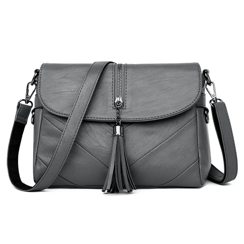 Маленькие женские сумки через плечо с длинным ремнем высокого качества из искусственной кожи сумки через плечо с кисточками - Цвет: Серый