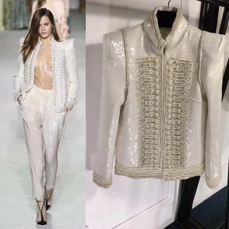 

Luxury rework suit coat high quality celebrity style female jacket fashion beaded sequins abrigo mujer super temperament clothes