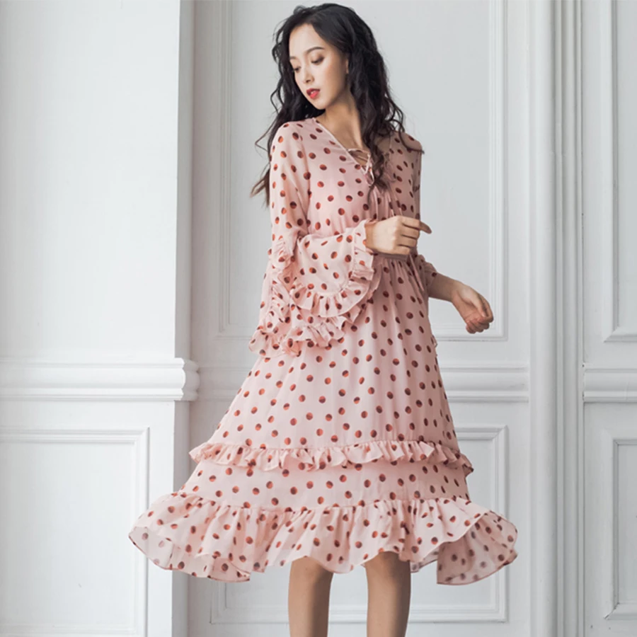 

Printed Chiffon Sling Two-Piece Dress Women High Waist Pink Dot Ruffles Vintage Banquet Dresses Mid-Long Elegant Lady Dress New