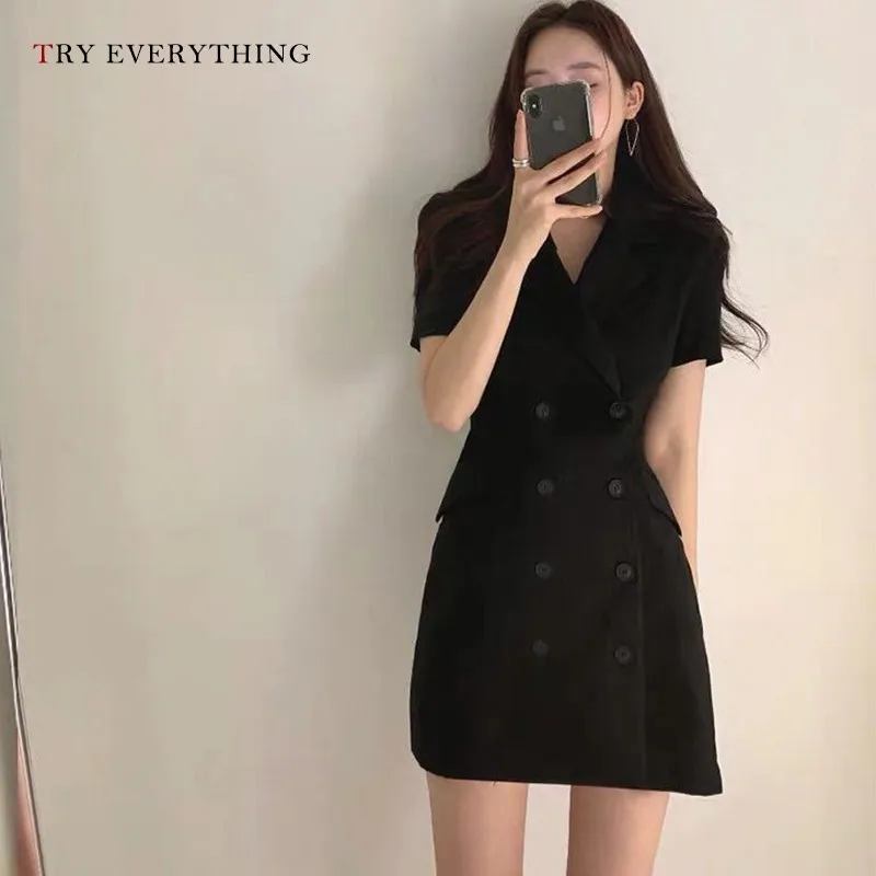 

Women Summer Dress 2019 Double Breasted Blazer Dress Black Korean Style Dress Short Sleeve A Line Slim Short Dress For Women