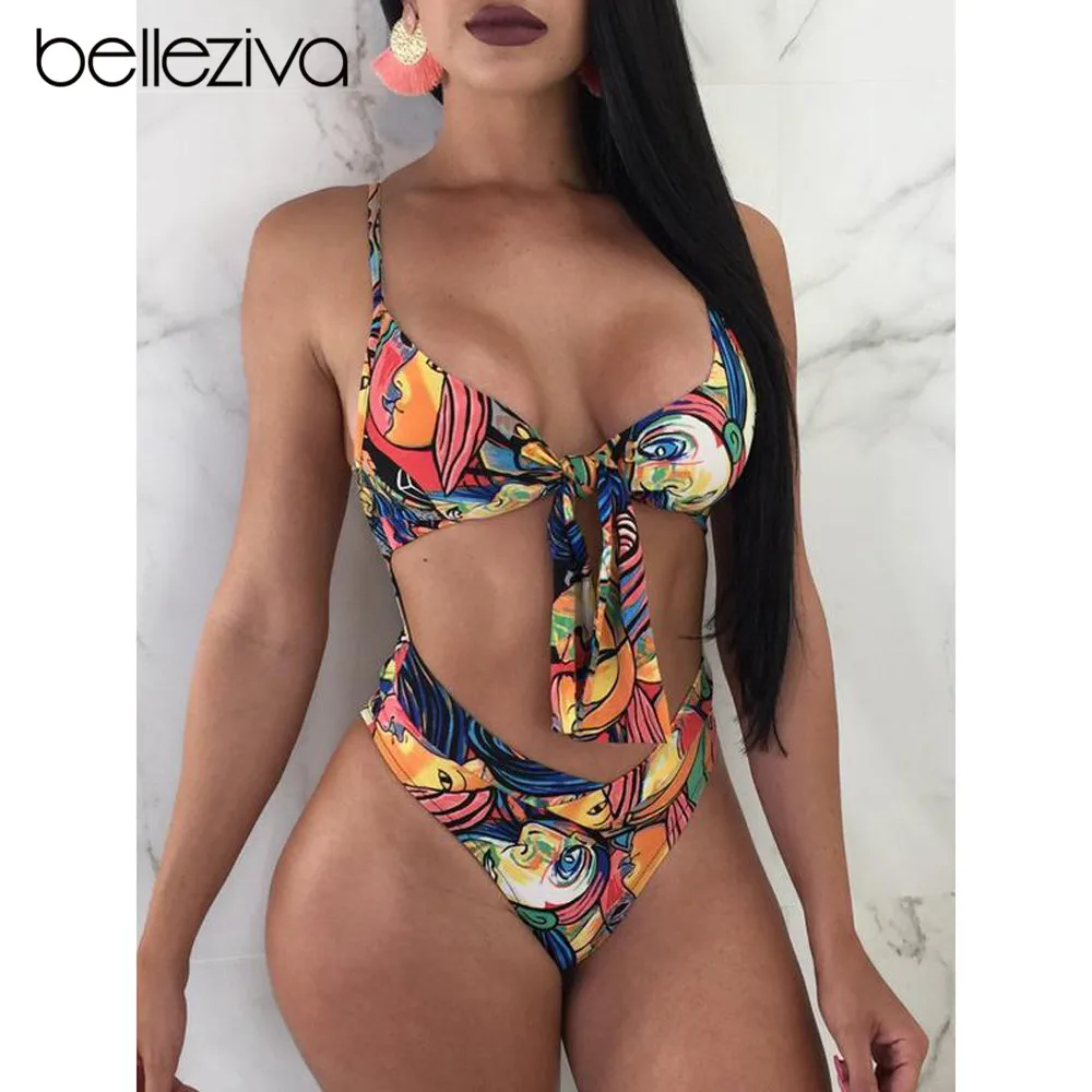 

Belleziva Sexy Hollow Out One Piece Swimsuit Graffiti Print Push Up Women Beach Swimwear Padded Bathing Suit Bodysuit Monokinis