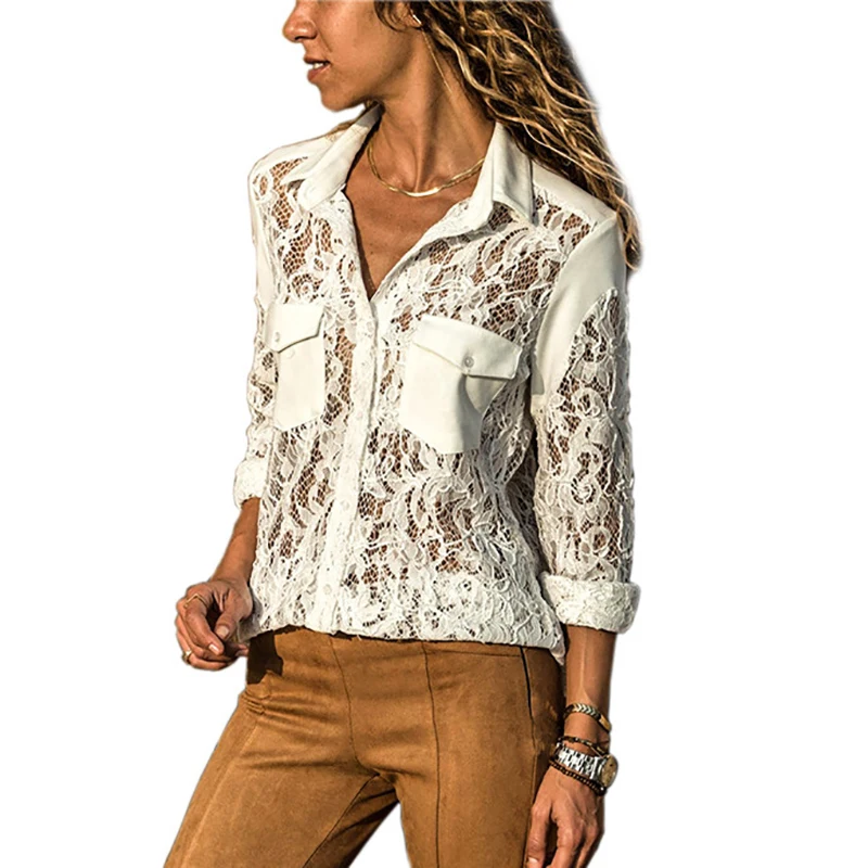 Blusas Y Camisas موهير 2018 الربيع الخريف الدانتيل الكروشيه النساء البلوزات قمم طويلة الأكمام قميص السيدات شفافة أعلى قميص فام