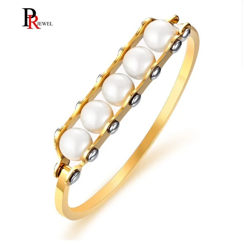 

Temperamental Women's Cuff Bangle Bracelet with Simulated Pearl Gold Tone Stainless Steel Gifts for Her