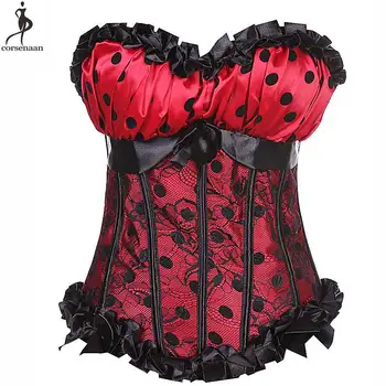 

Lace Cover Corset Ruffle Cup Push Up Bustier Overbust Gorset Black Polka Dot Korset Sexy Mature Red Pink Korsett For Women Zip