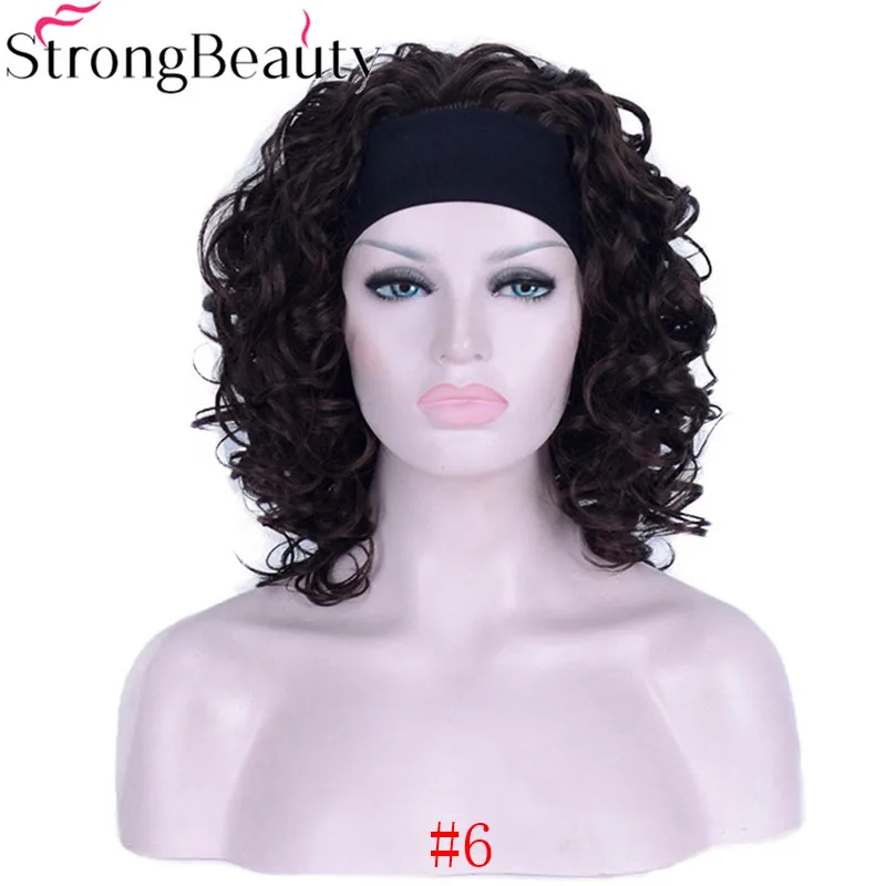 StrongBeauty короткие синтетические для женщин черный/красный/блондинка/коричневый вьющиеся Искусственные парики 3/4 половина парик с повязкой