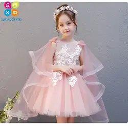 2018 Vestidos de летние платья для девочек оборками платье с цветочным узором для девочек с кружевной аппликацией принцессы Платье для первого
