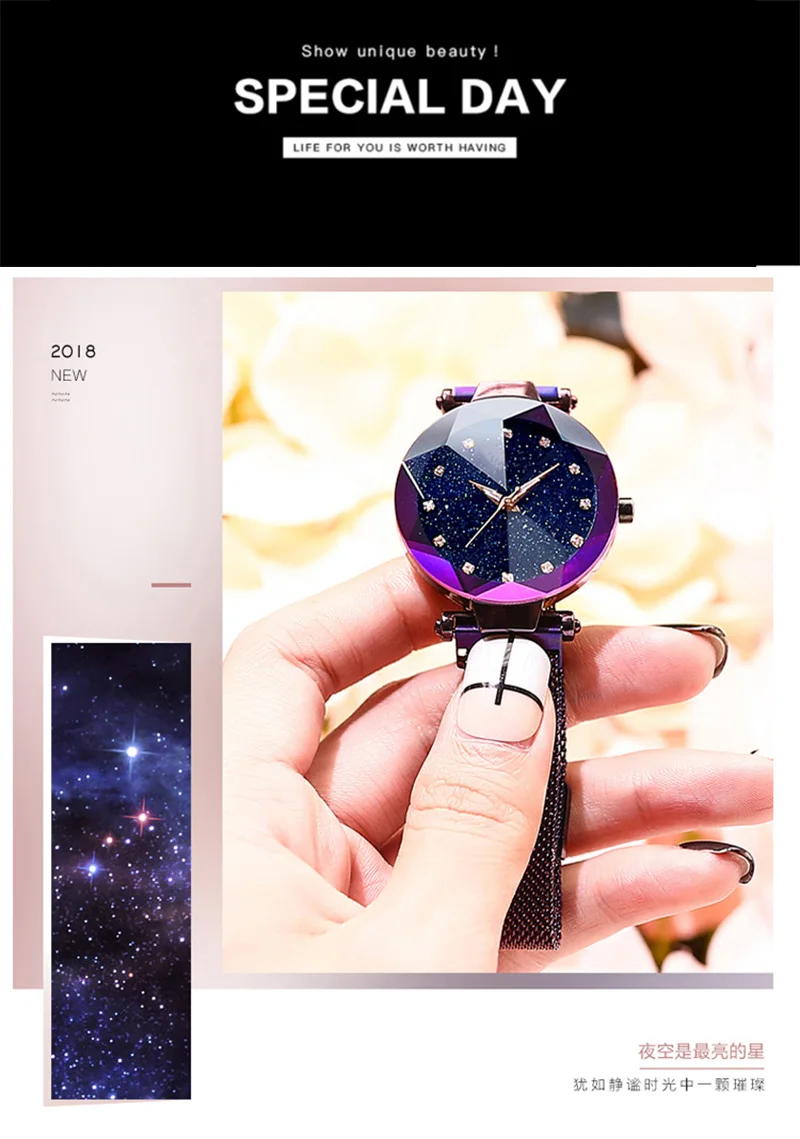 Модные Повседневные розовые черные женские часы Роскошный минимализм звездное небо магнитная пряжка женские наручные часы со шкалой из кристаллов водонепроницаемые