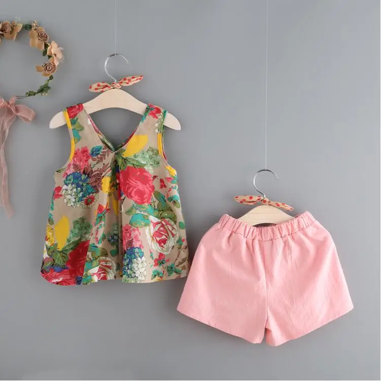 Комплект из двух предметов для девочек, топ без рукавов с цветочным принтом+ шорты, одежда для девочек, детская одежда для девочек