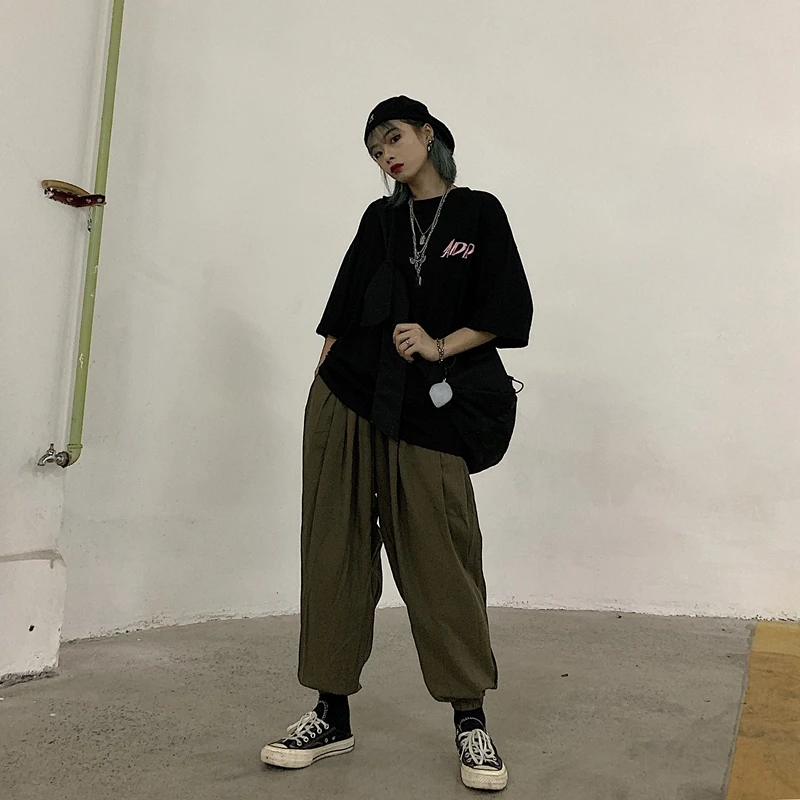 Свободные мешковатые шаровары с эластичной резинкой на талии и карманами в стиле хип-хоп, панк, камуфляжный Зеленый Спортивный костюм в Корейском стиле Харадзюку