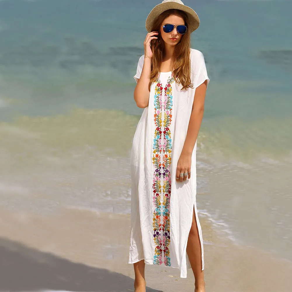 

Womail Cover Ups Women Summer Kaftan Beach Swimwear Embroidered Cover Up Short Sleeve Long Dress Solid Loose Beachwear W30427