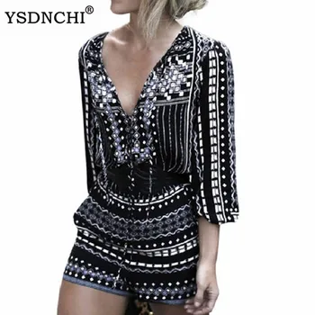 

YSDNCHI Short Overalls Summer Vintage Rompers Women Jumpsuit Printed Playsuit Female Deep V Neck Long Sleeve Black Sexy Rompers