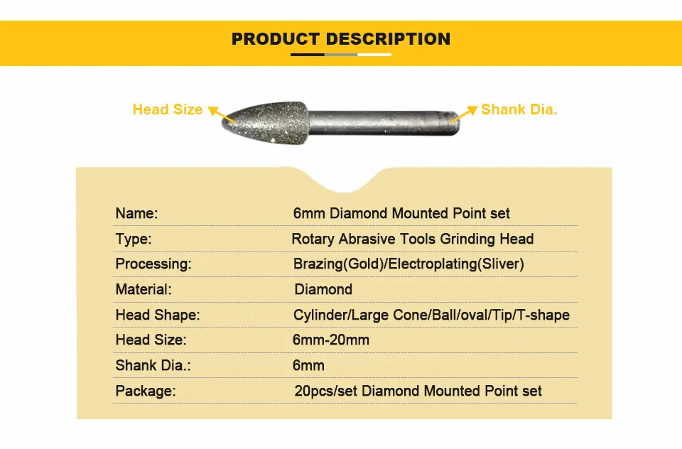 STLRENDA 20 шт./компл. 6 мм Алмазная установленная точка роторная головка абразивный шлифовальный 6-20 мм пайка/Гальваническое покрытие для