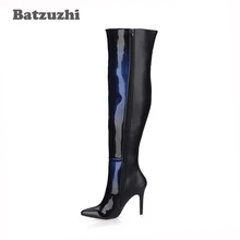 Batzuzhi-9.8cm высокие сапоги на высоком каблуке черные, синие кожаные сапоги женские зимние пикантные вечерние сапоги с острым носком для женщин zapatos 43