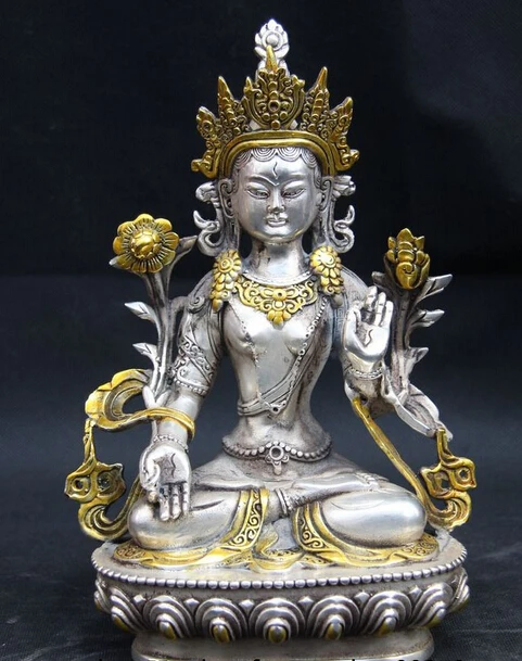 

bi003748 8 Tibet White Copper Silver God White Tara Kwan-yin Guanyin Bodhisattva Statue