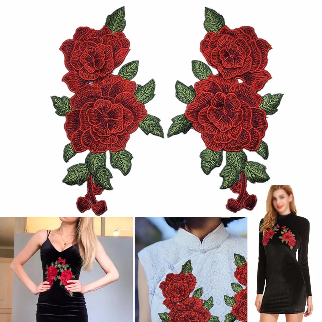 1 Pair 230*130mm New Red Rose Flower Embroidered Sew on Patch Clothes Jeans Fabric Sticker