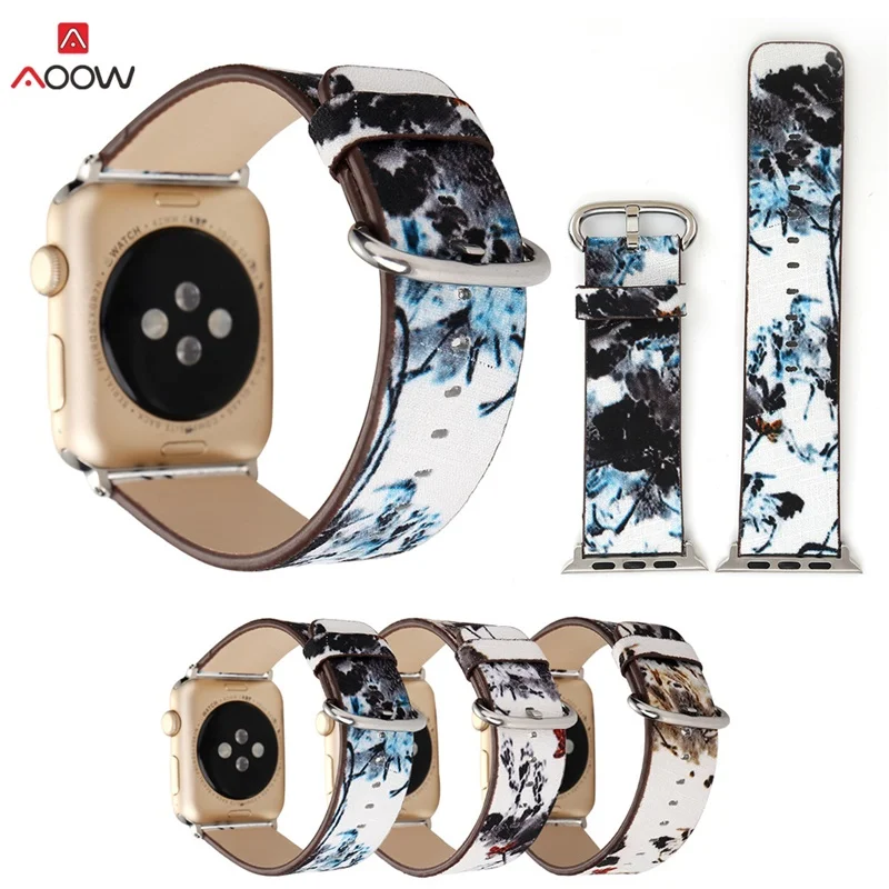 

AOOW Leather Watchband For Apple Watch 38mm 42mm Chinese Ink Painting Antique Lotus Flowers Watchband Strap for iwatch 1 2 3