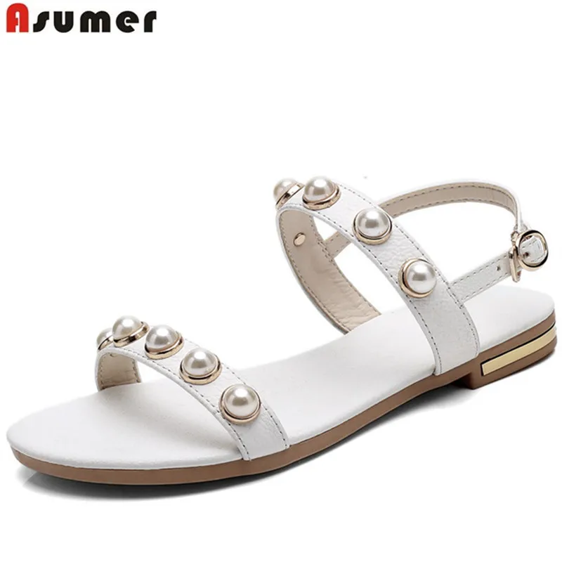 

ASUMER black white fashion summer shoes woman buckle casual flat with sandals women genuine leather shoes plus size 32-46