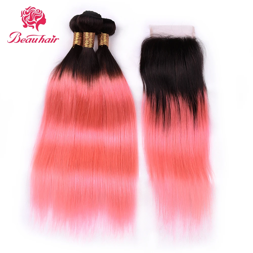 

BEAU HAIR Malaysian Ombre Bundles With Closure 3 Bundles With 4*4 Closure TB/Pink Straight Human Hair Non Remy Hair