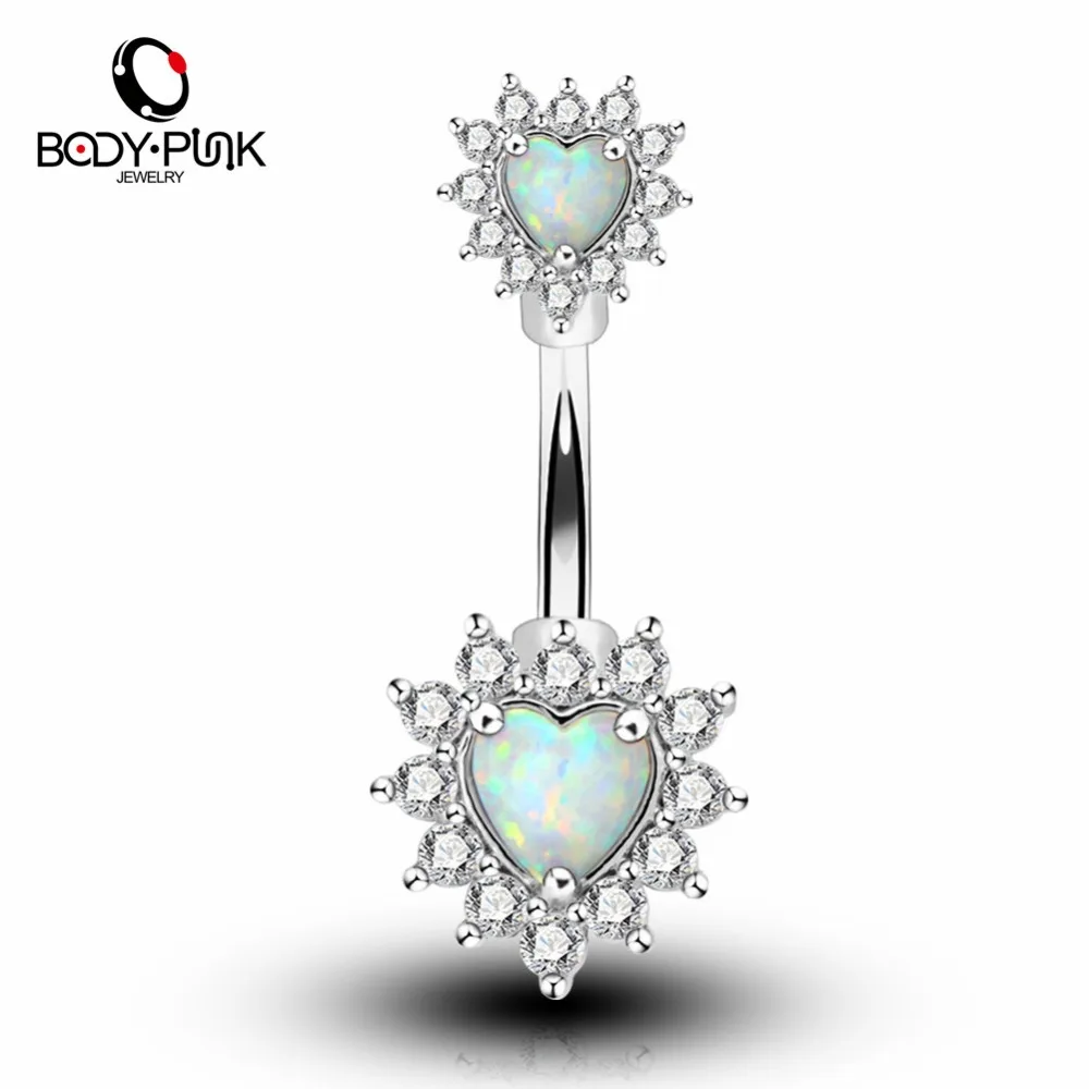 

BODY PUNK Clear CZ White Blue Synthetic Opal Heart Shape Navel Rings 14G Surgical Steel Belly Button Rings