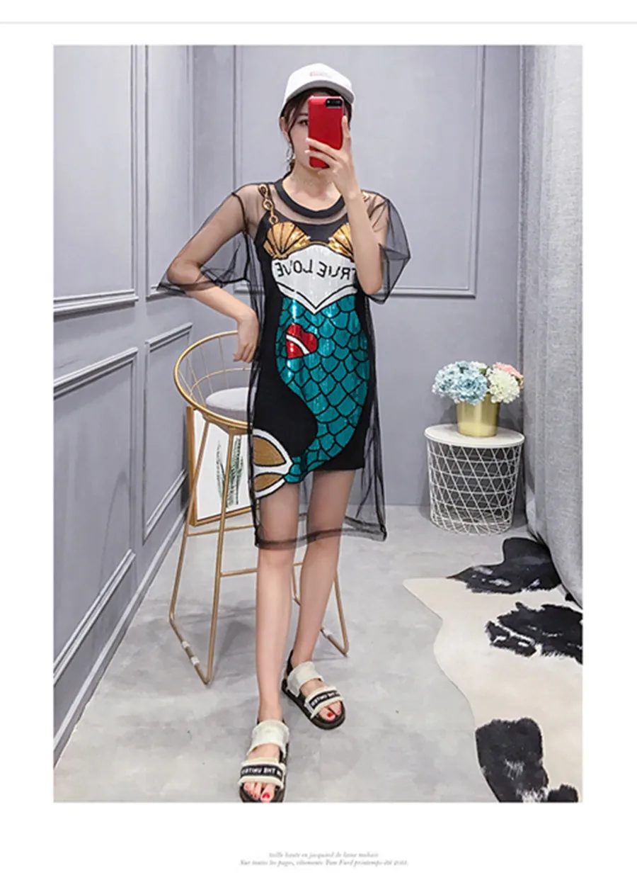 

Womans Printing Sequins Mesh 2 Pieces Set Dress 2019 Newest Hot Sales Lovely Mermaid Design Fashion Women T-Shirt Loose Dresses